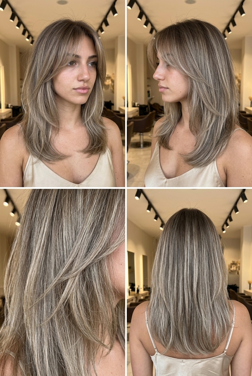 shoulder-length mushroom blonde shag haircut with ash brown root and wispy bangs for casual days