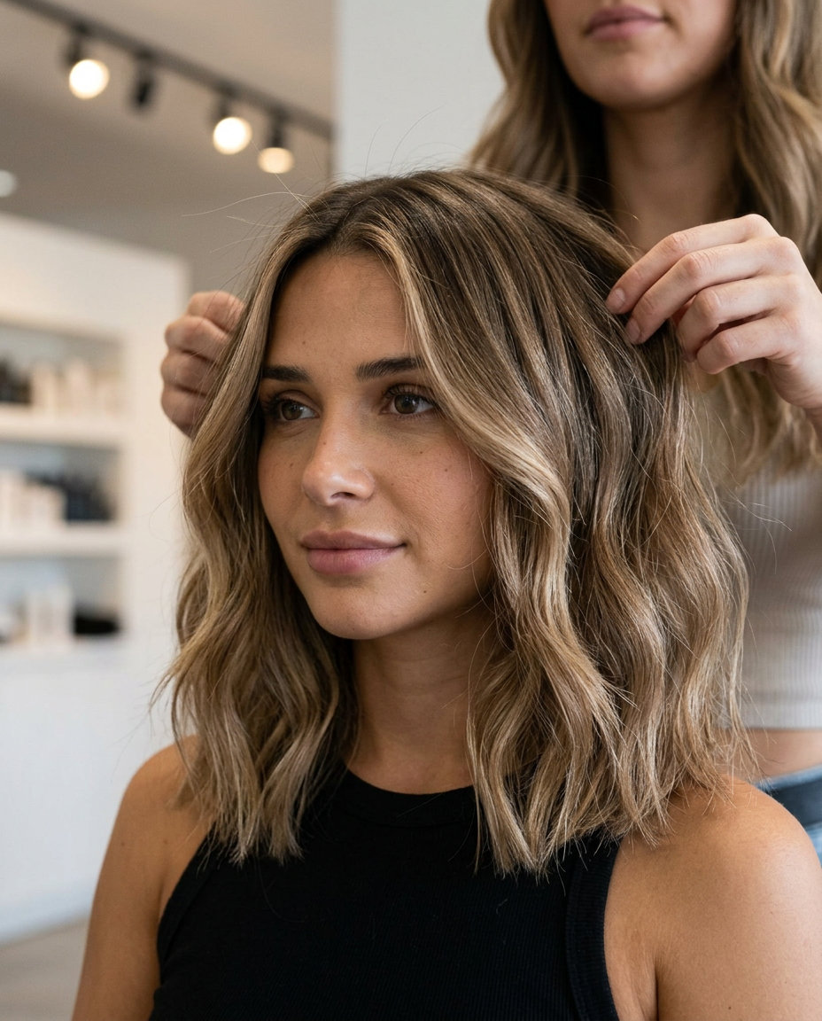 shoulder-length lob haircut in mushroom bronde with caramel balayage and blunt ends for summer 2026