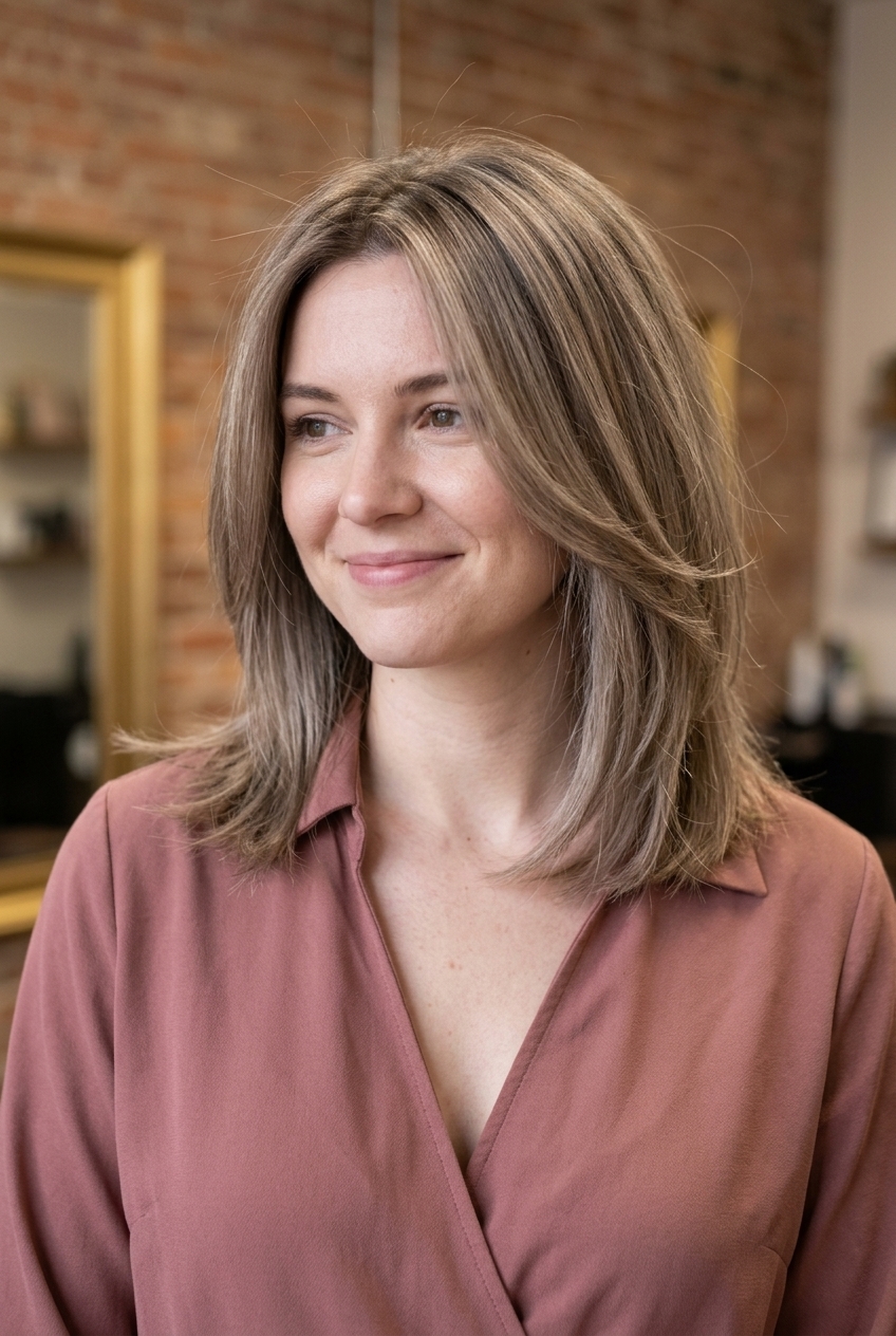 long brown hair with mushroom bronde root smudge highlights, cool ash beige bronde, no fringe — minimalist, sophisticated, understated