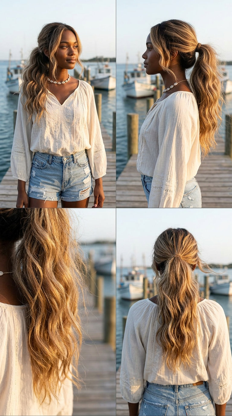 long mushroom bronde ombré ponytail hairstyle with buttercream blonde ends, loose waves, face-framing pieces — relaxed bohemian beach
