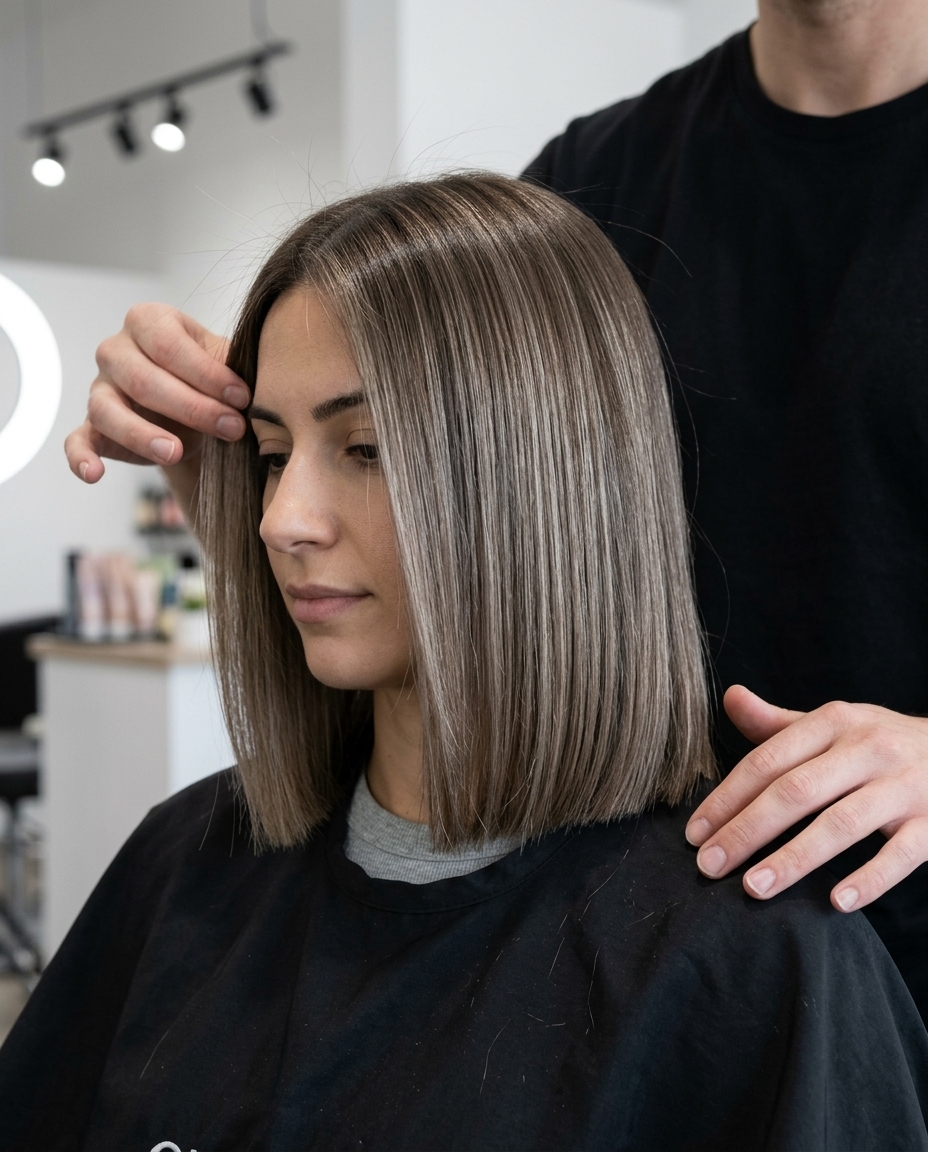 medium blunt haircut with mushroom bronde, cool ash micro-highlights, no bangs — sophisticated minimalist zoom calls