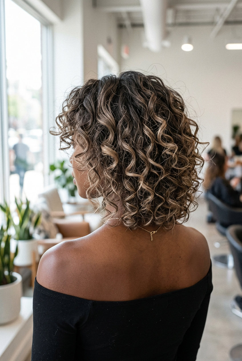 medium butterfly haircut in mushroom bronde ombré with ash brown roots, coily wing effect — bohemian festival style