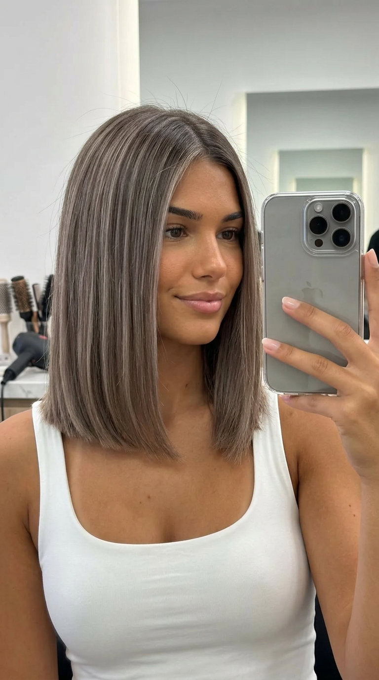 medium blunt lob haircut in mushroom bronde with icy highlights, no fringe — sophisticated summer professional