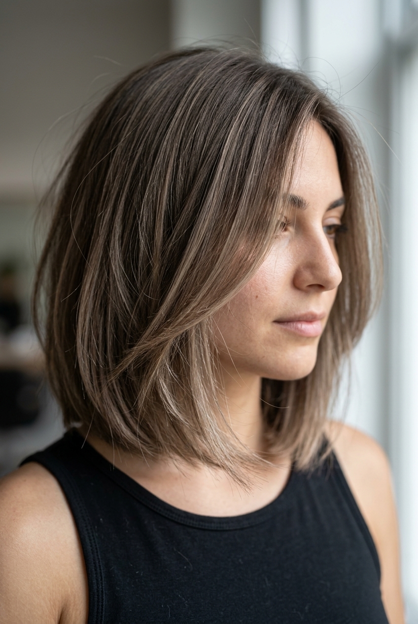 shoulder-length mushroom bronde bob haircut with beige highlights, diffused edge, no bangs — soft lived-in