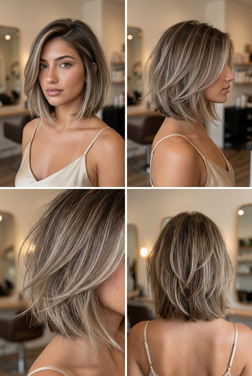 shoulder-length messy bob haircut with mushroom bronde balayage and internal layers for summer 2026