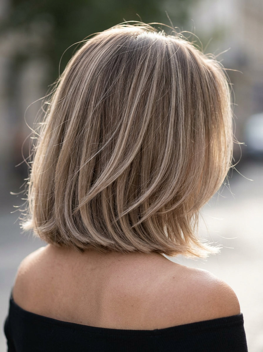 shoulder-length messy bob haircut with mushroom bronde, reverse balayage and internal layering for summer