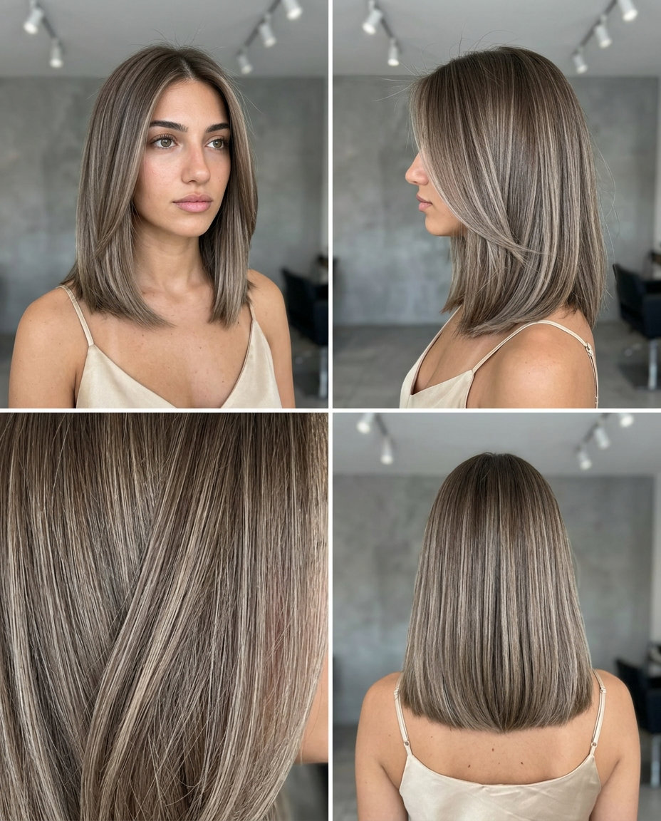 shoulder-length bob haircut in mushroom bronde with ash babylights and blunt ends for summer 2026