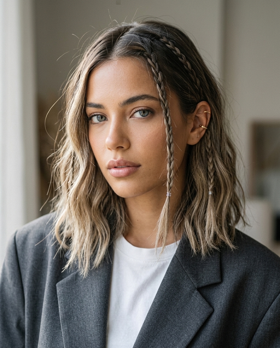 shoulder-length braids hairstyle with mushroom bronde color, micro-braids, and face-framing pieces for daily wear