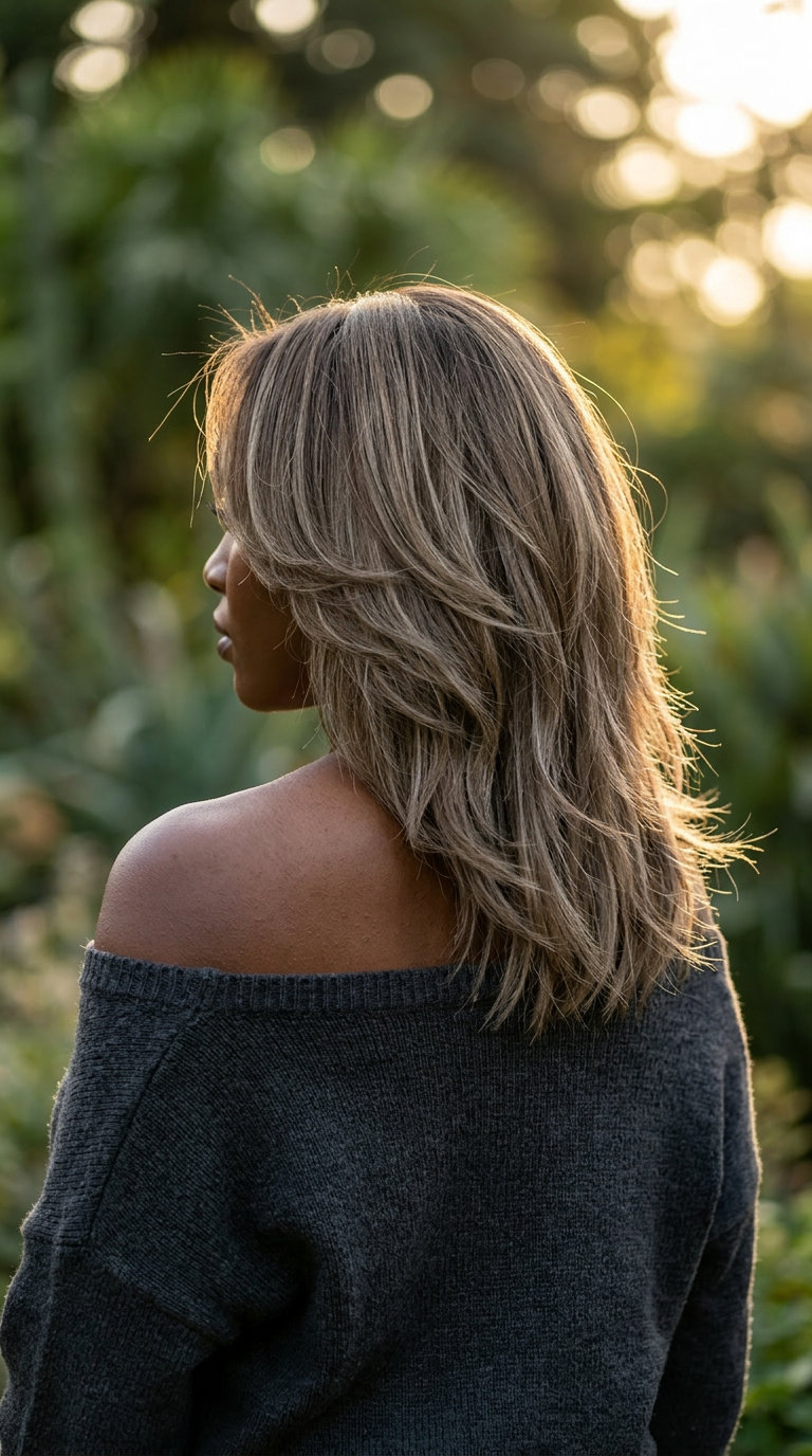 shoulder-length bronde wolf cut with ash lowlights, point-cut layers, soft fringe — soft, natural