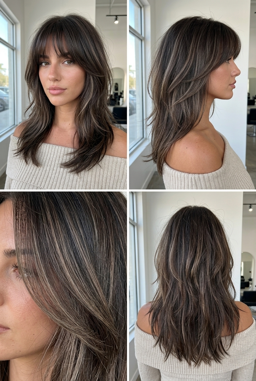 medium-long mushroom shag with bronze ribbons, face-framing fringe — playful