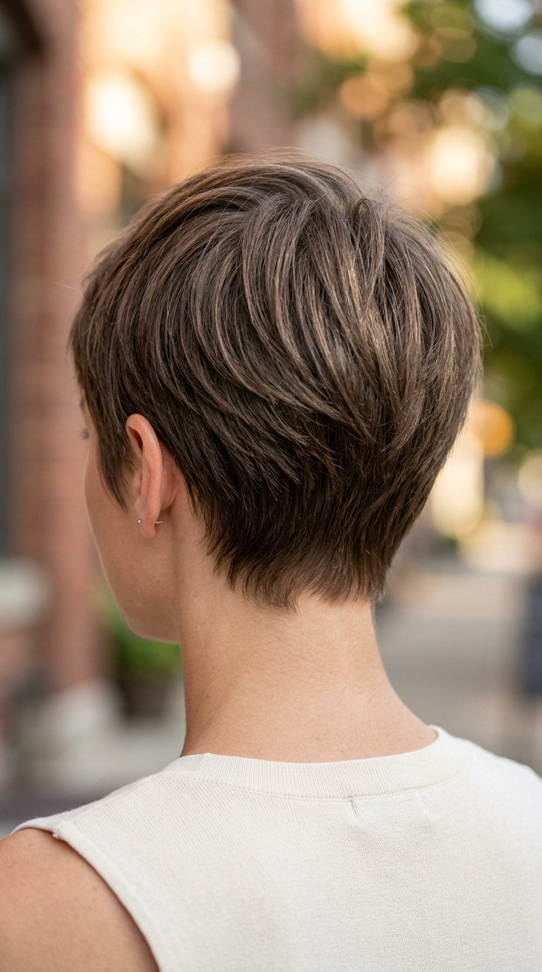 very short pixie haircut in neutral mushroom bronze with cool ash, point-cut layers, effortless mood