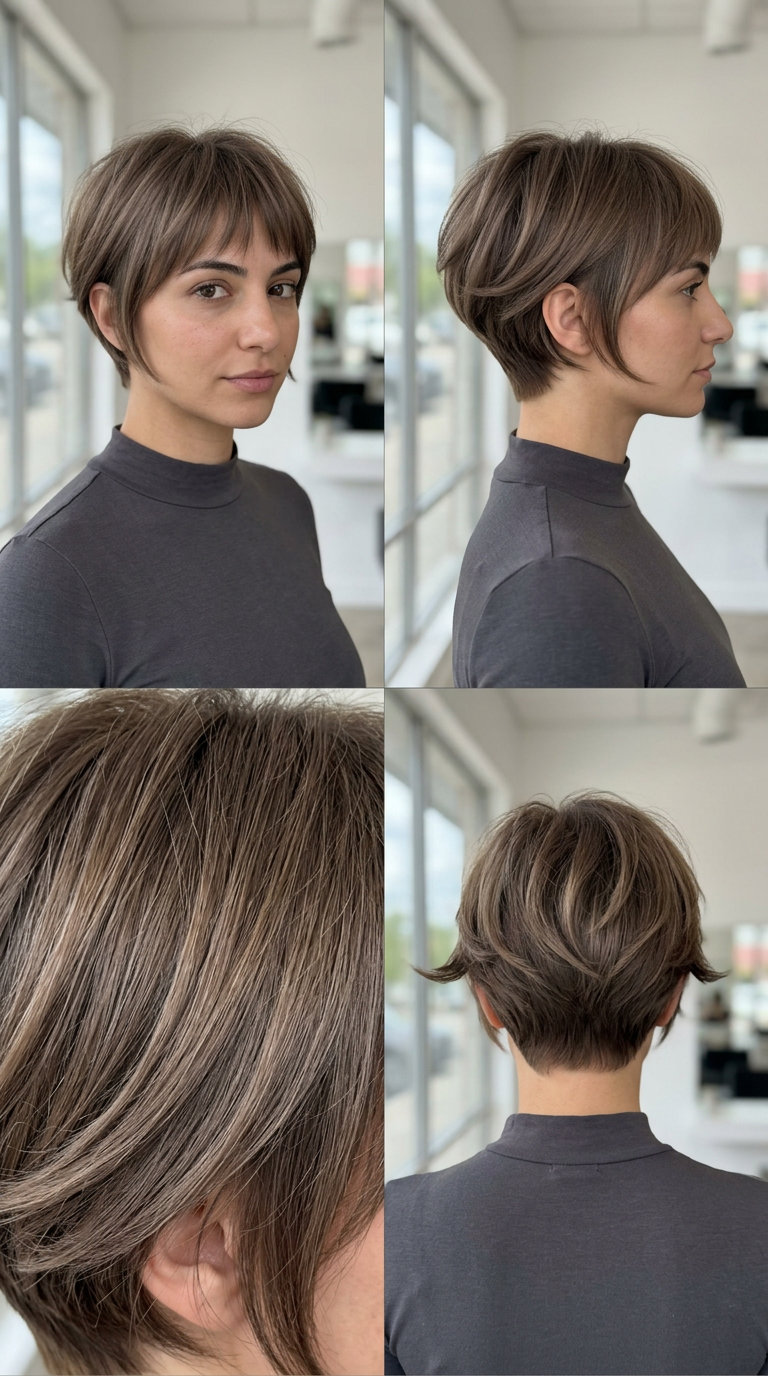 very short mushroom bronze pixie haircut with beige undertones, winged sides, wispy fringe — playful retro style