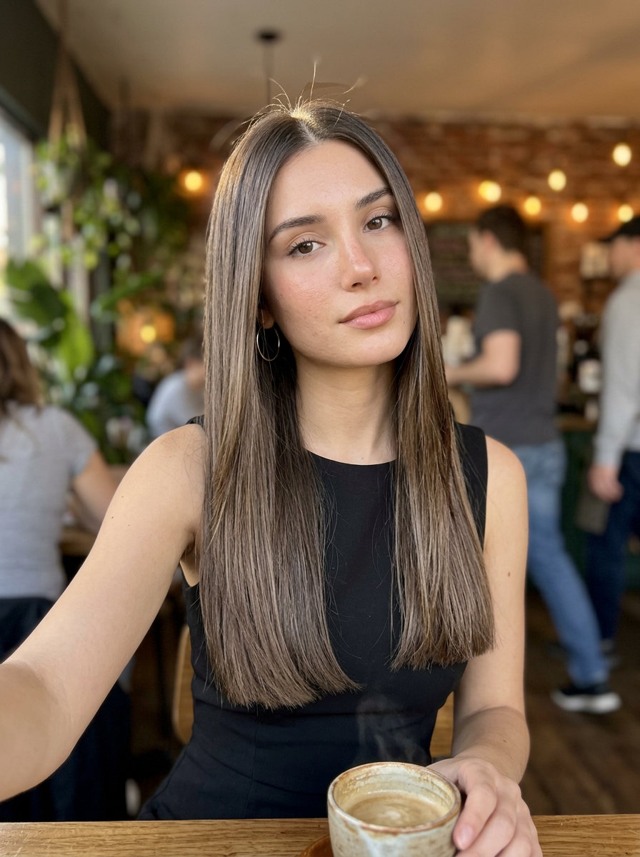 chest-length one-length cut with cool taupe-brown, ash brown, and mushroom brown lowlights for summer