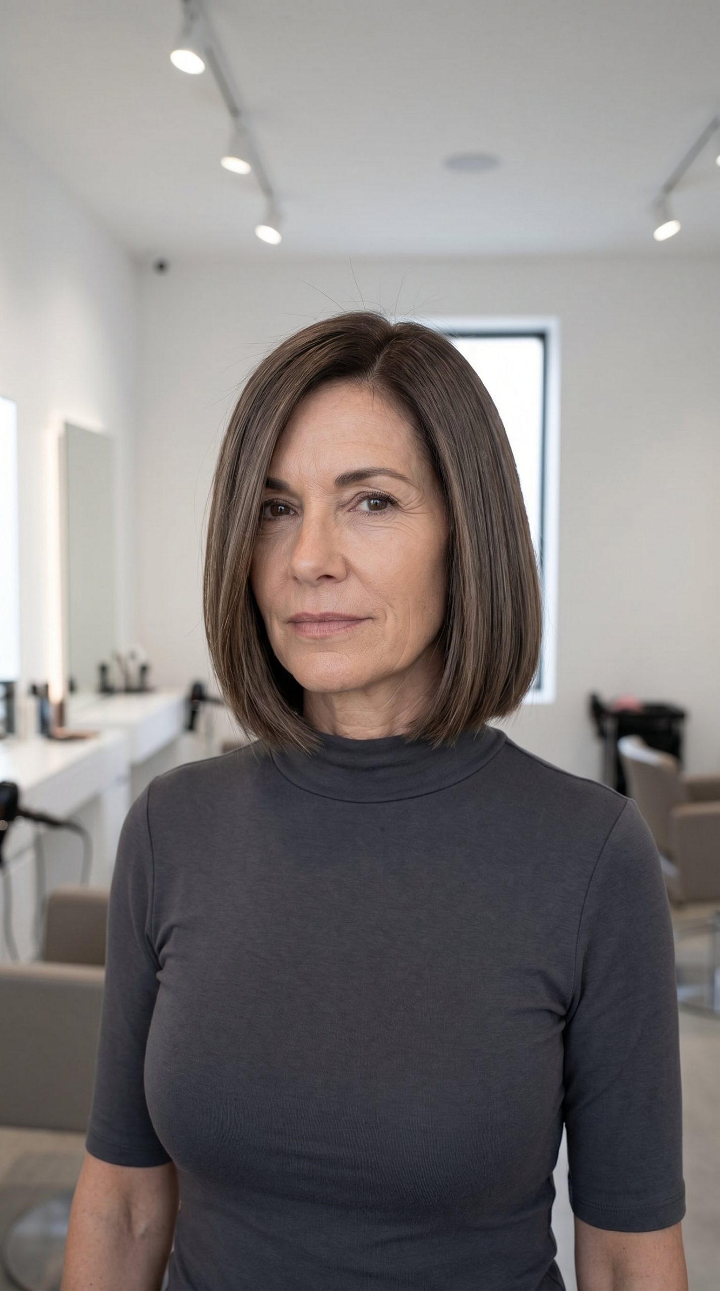 chin-length bob haircut with mushroom brunette and ash undertones, blunt cut, deep side part — polished professional look