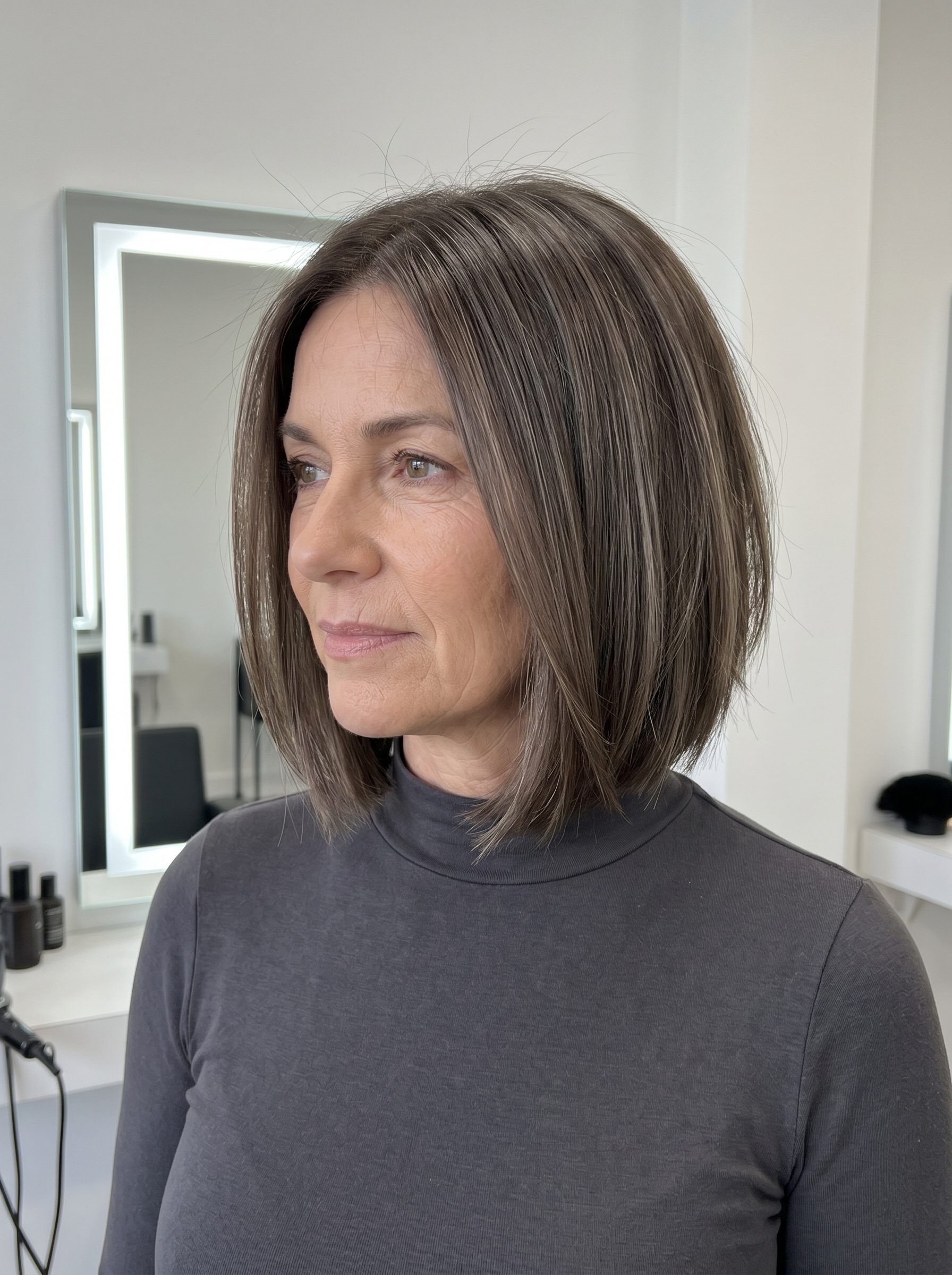 chin-length bob haircut with mushroom brunette and icy beige micro-highlights, blunt cut, subtle face-framing pieces — minimalist chic style