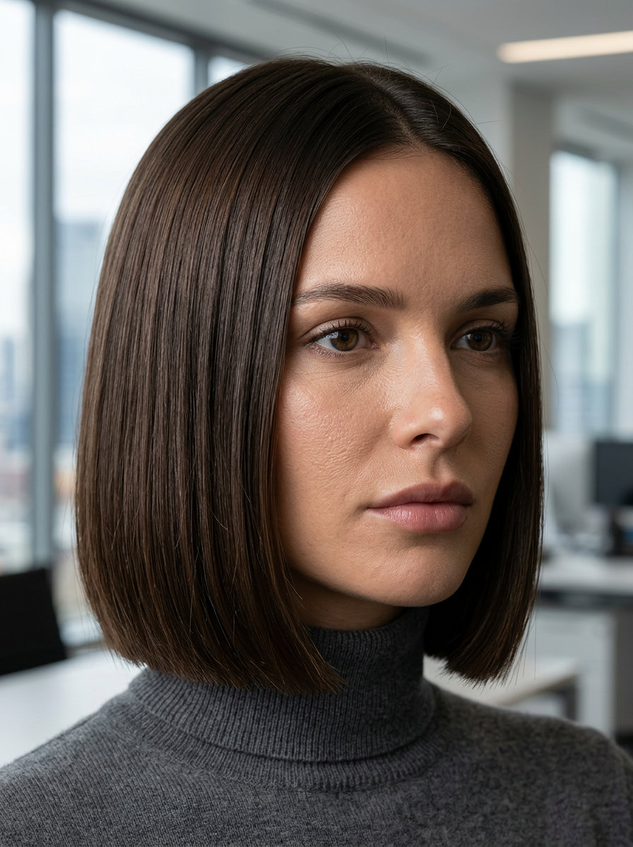 chin-length sculpted blunt bob with cool mushroom brown, no bangs, deep side part — sophisticated professional