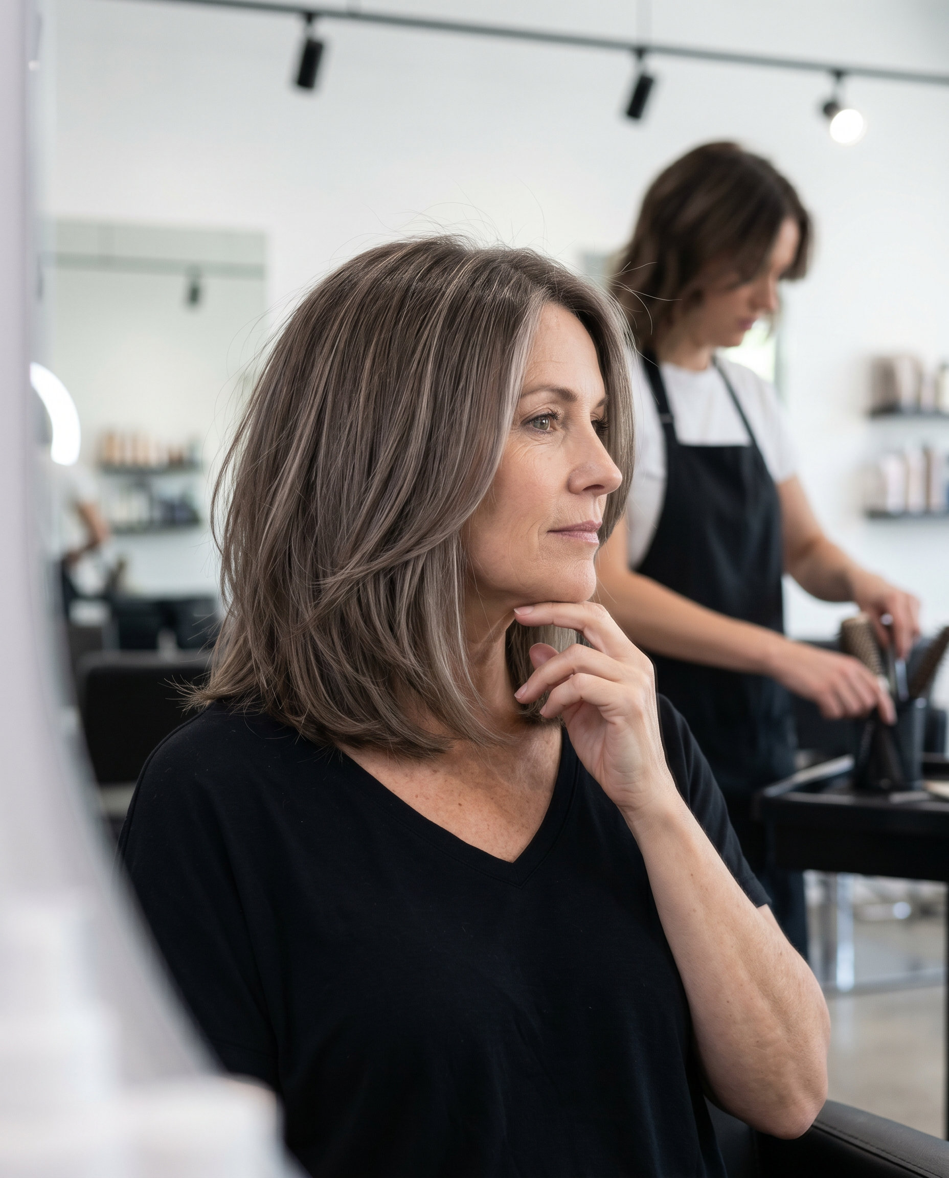 collarbone-length mushroom brown lob with icy beige babylights and face-framing layers for casual wear