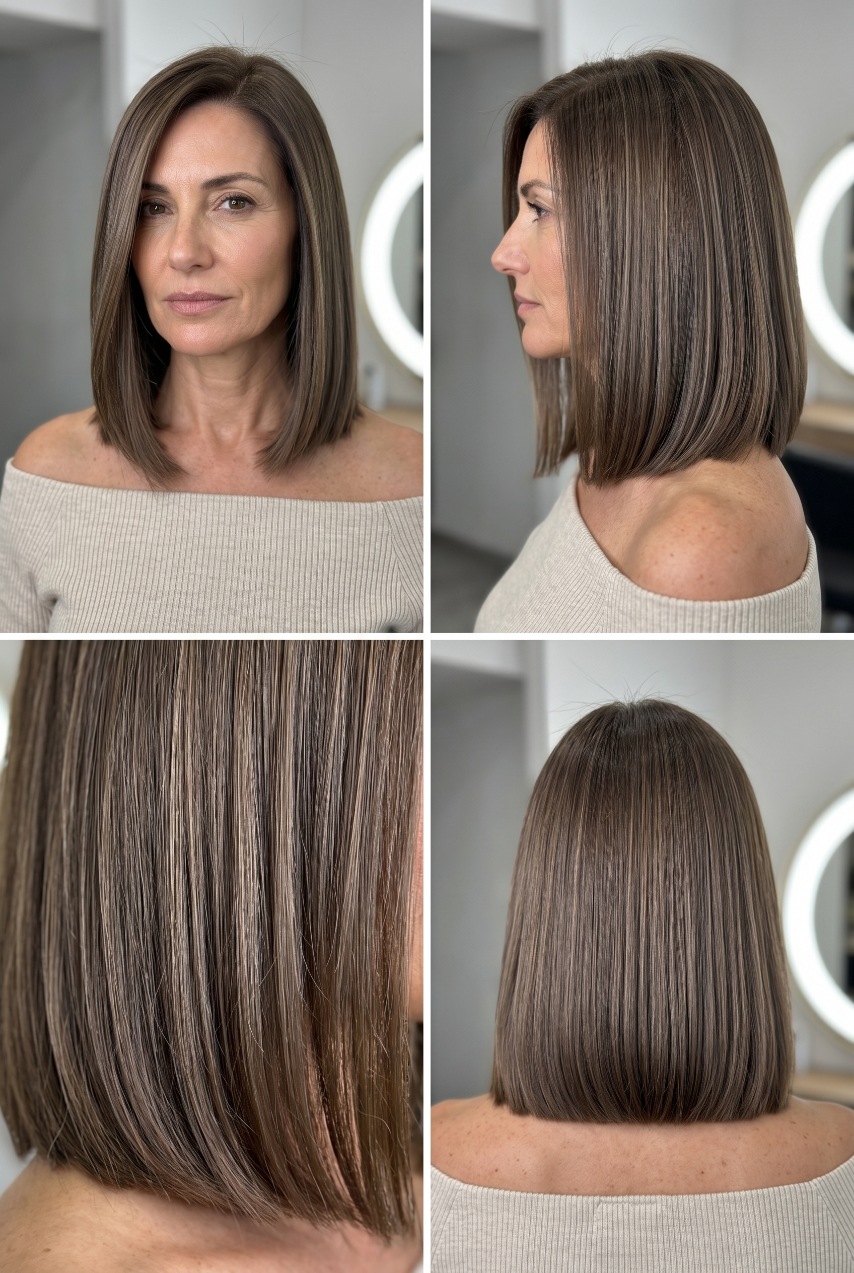 collarbone-length lob haircut with cool mushroom brown and ash beige micro-highlights, blunt cut, deep side part — modern minimalist style
