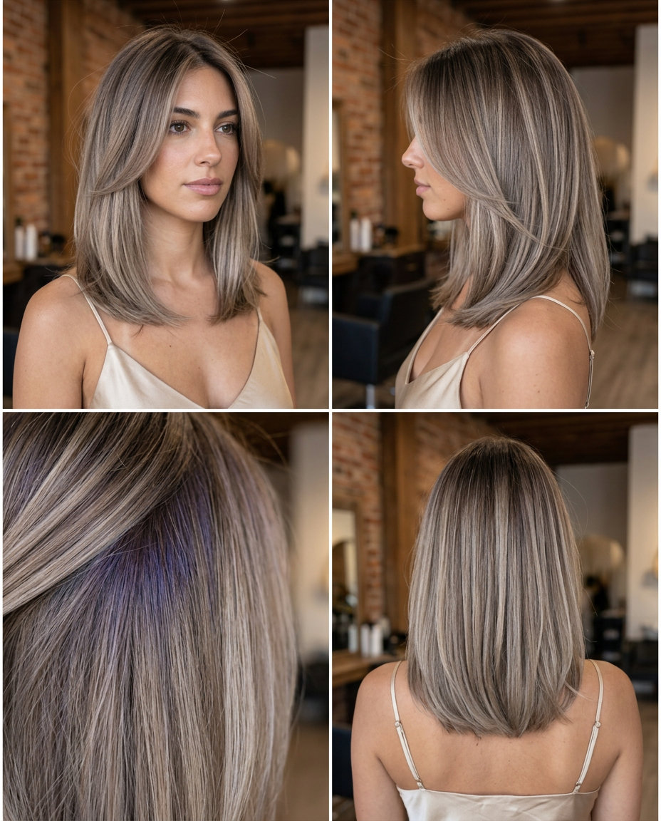 long soft blunt lob mushroom bronde with cool ash brown, shadow root, no fringe — sophisticated, modern