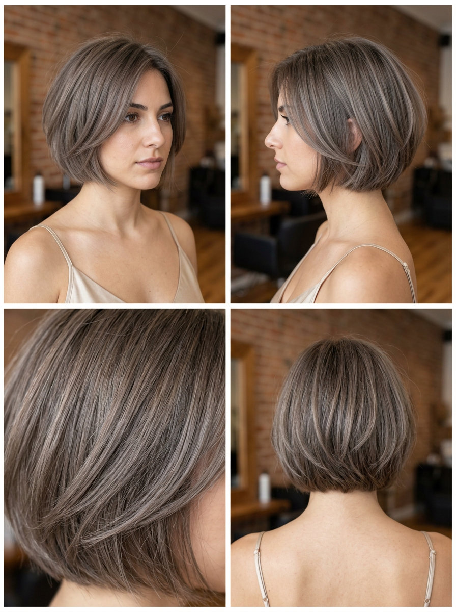 short mushroom brown french bob haircut with ash undertones, diffused perimeter, face-framing pieces — elegant soft look