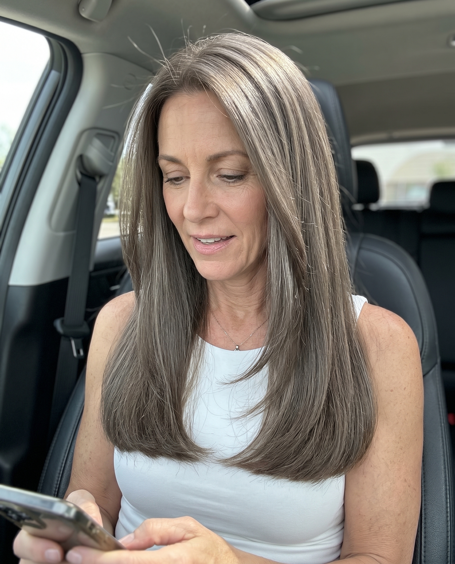 long sleek haircut mushroom brunette with cool ash undertones, blunt perimeter, no bangs — sophisticated summer 2026 haircut