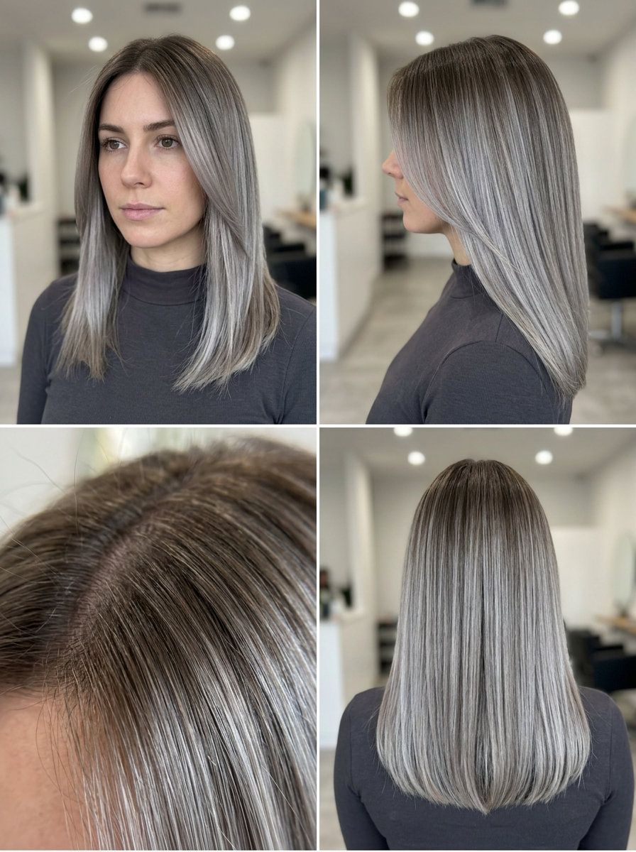 long blunt cut ombre with mushroom brown root to silver grey, wet balayage technique