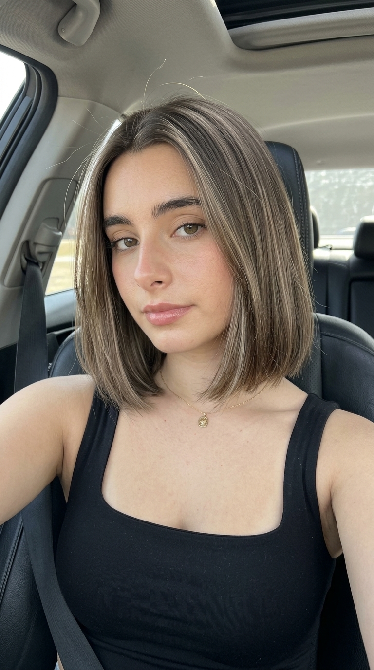 short mushroom bob with ash lowlights & beige micro-lights, blunt cut — minimalist
