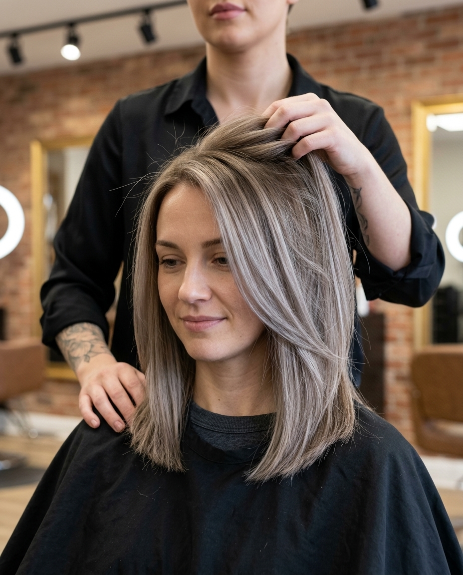 shoulder-length mushroom blonde balayage with ash blonde and beige, seamless blend, no fringe — professional daily wear