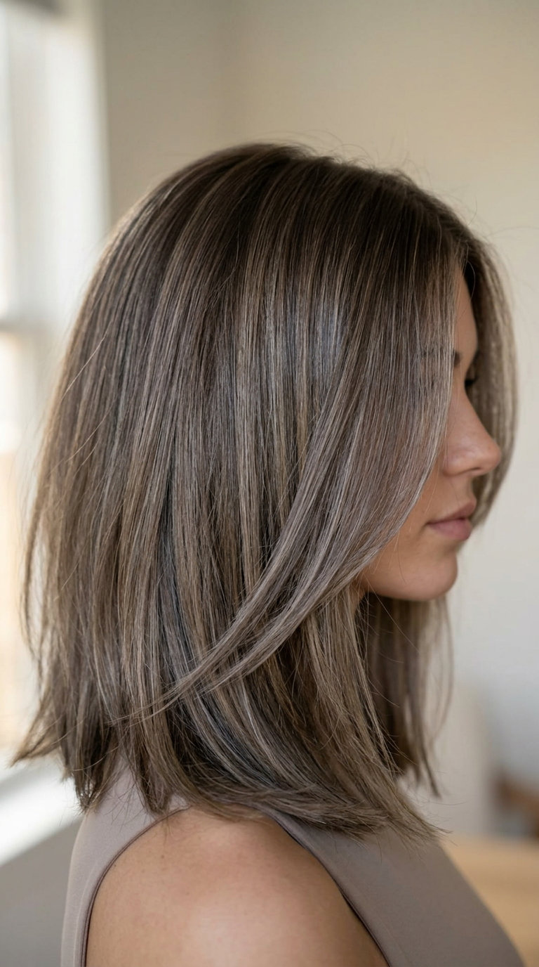 shoulder-length lob balayage with mushroom brown & ash beige for effortless chic