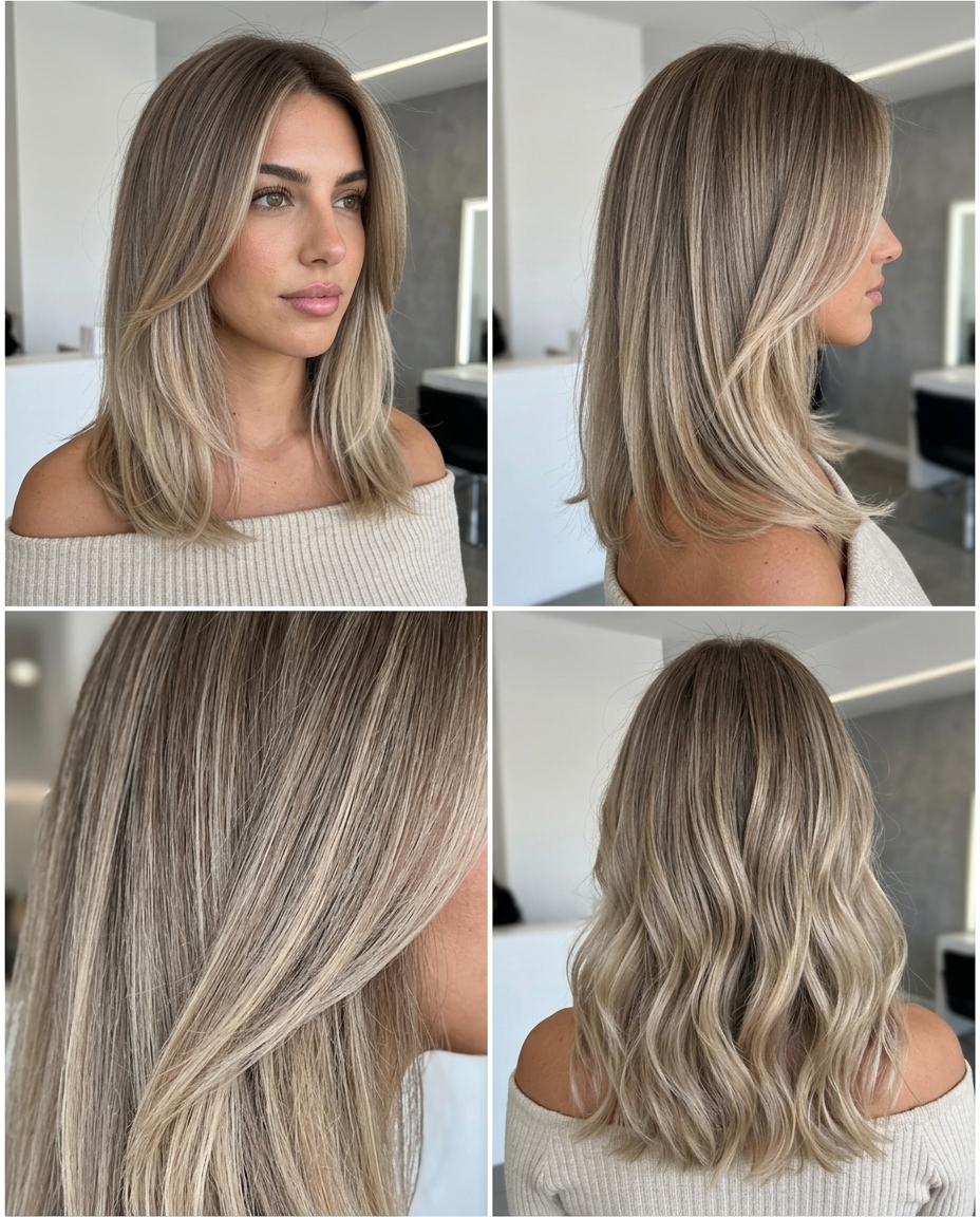 long mushroom silk ash blonde ombré with champagne ash ends, balayage technique — relaxed bohemian weekend