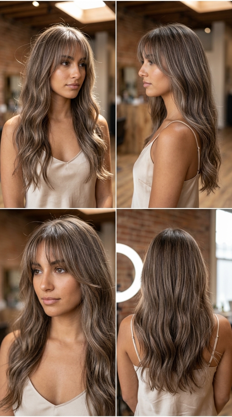 long mushroom silk brunette haircut with pearl babylights and birkin fringe for date night
