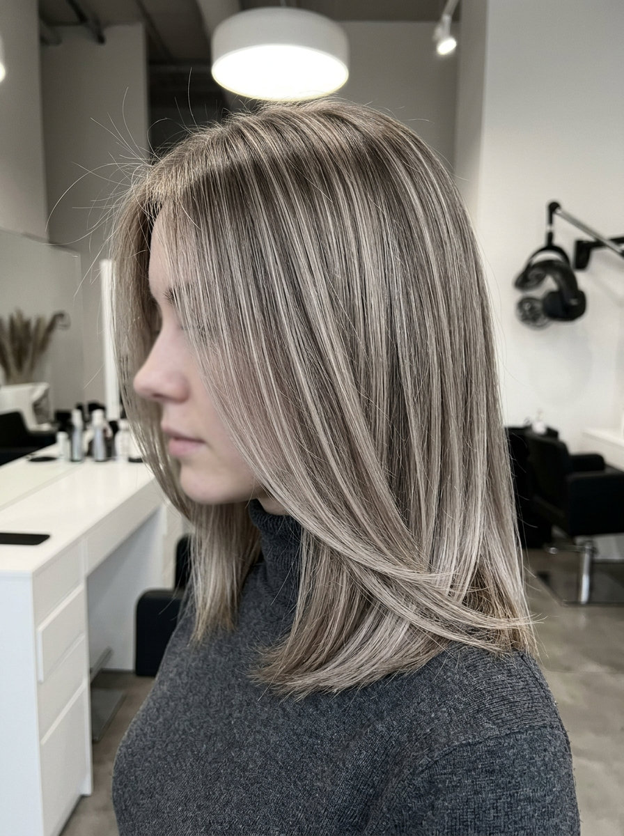 long mushroom taupe highlights on cool mocha brunette with shadow root for professional