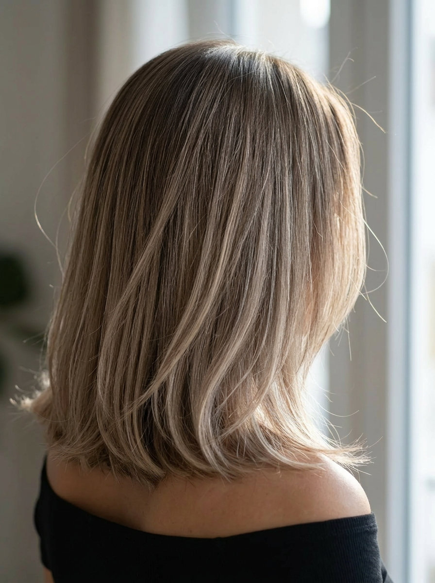 medium lob haircut with mushroom taupe bronde & icy beige balayage, invisible layers — minimalist, sophisticated