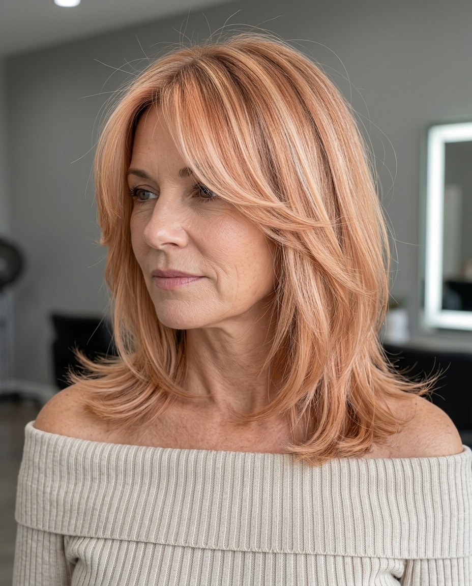 Bohemian Shag Haircut 2026: Apricot & Blonde shoulder-length shag haircut in muted apricot with strawberry blonde highlights and curtain bangs