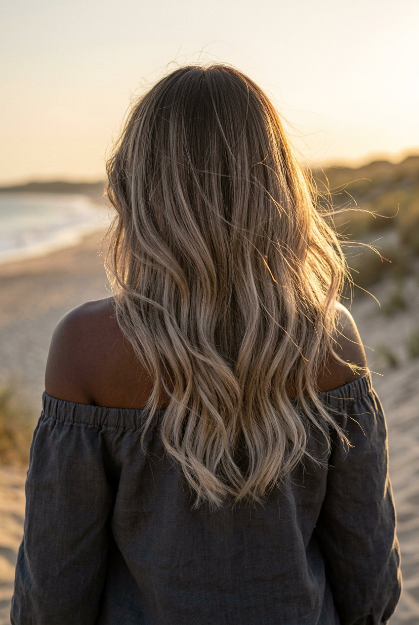 long layered haircut in muted ash blonde with cool beige balayage, seamless internal layers for round face, summer
