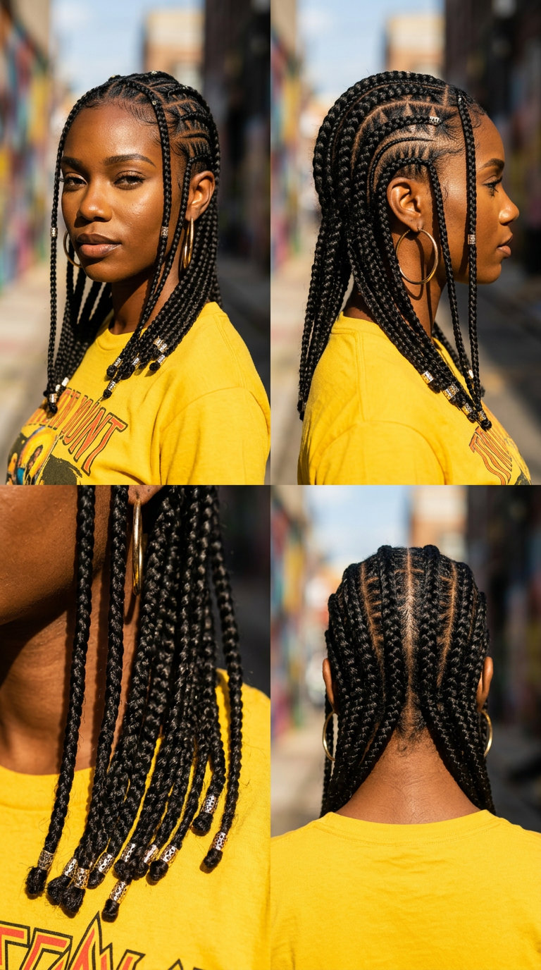 medium-length natural black cornrows with geometric lines and clean braid ends for edgy festivals