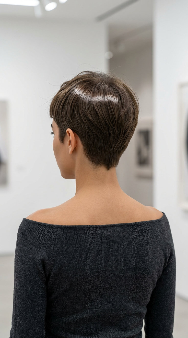 very short crop haircut in natural brown with sculpted shape and micro-fringe for summer 2026