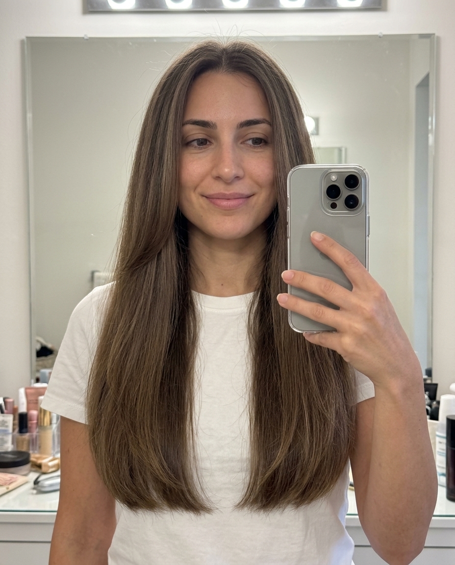long haircut with internal channeling in natural brunette for minimalist summer style