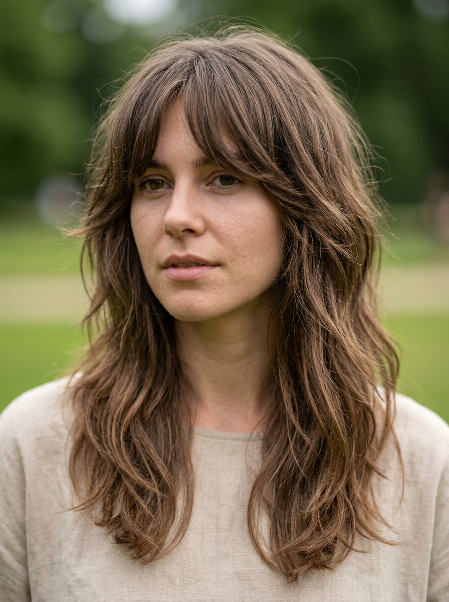 long layered wolf cut in natural brunette with sun-kissed balayage for weekend