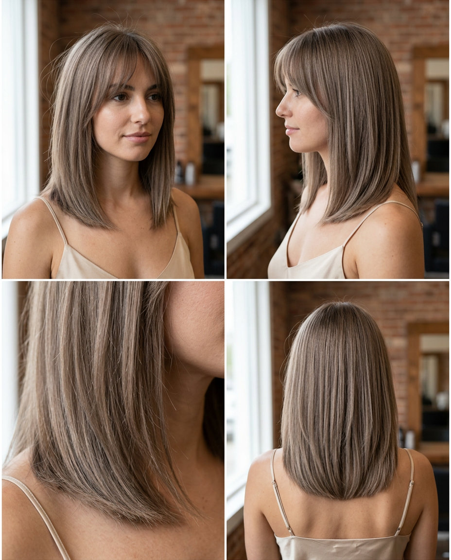 collarbone haircut in natural light brown with cool undertones, wispy bangs, romantic