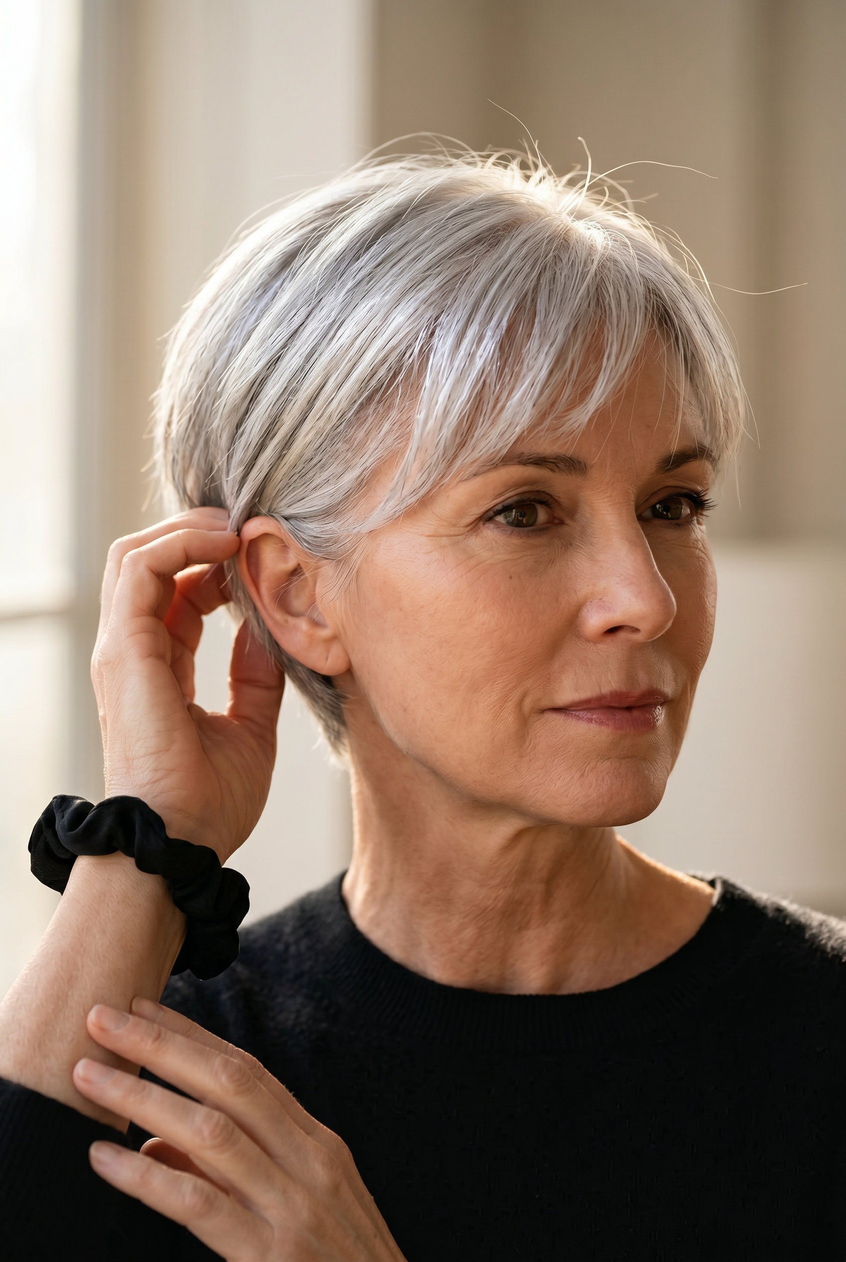 very short pixie haircut natural silver with clear gloss, piecey layers, wispy fringe — minimalist summer 2026 haircut