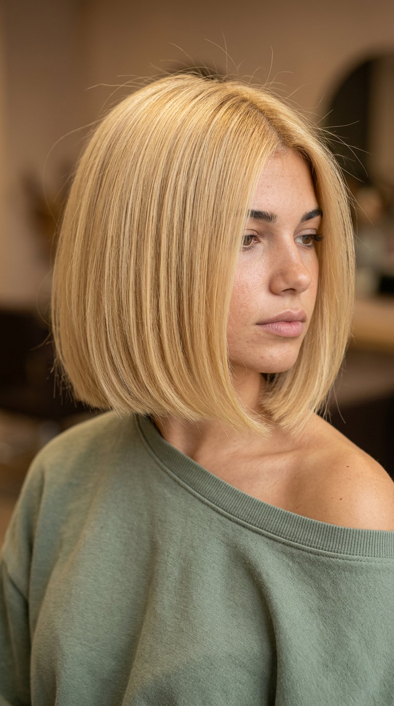 long blunt bob buttery blonde with full saturation nectar golden blonde, precise highlighting, no fringe — chic professional setting