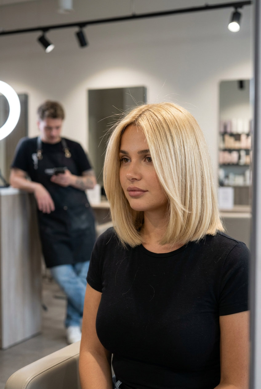 short bob buttery blonde hair with nectar blonde tone, uniform high-shine — glamorous professional