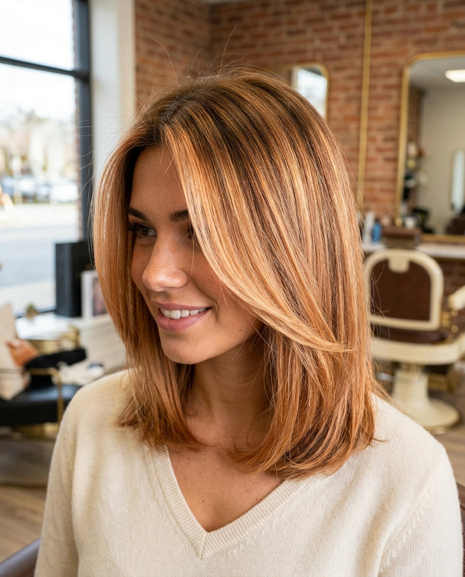 long layered cut with nectarine blonde balayage and apricot undertones for summer