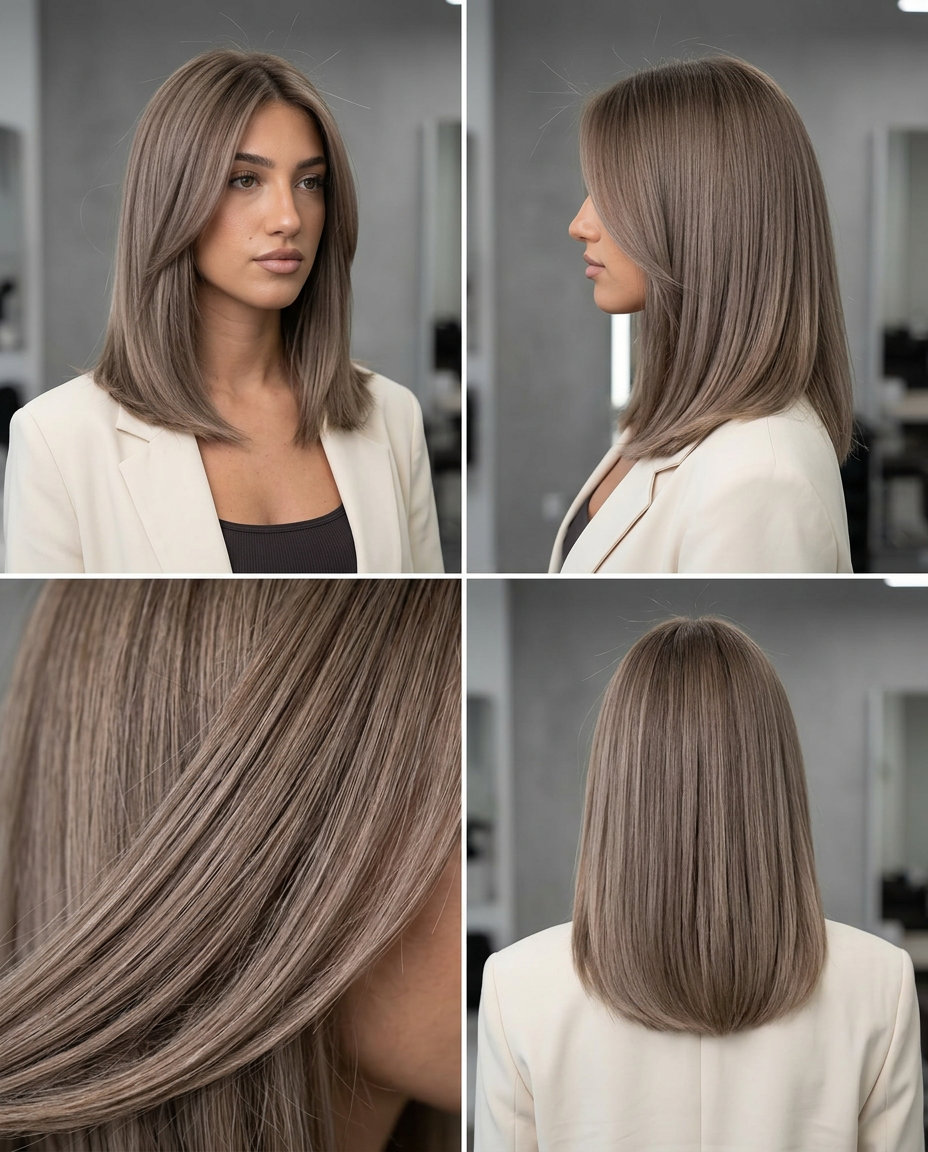 medium straight smoked almond bronde with neutral-ash, gloss, no fringe — sophisticated, minimalist