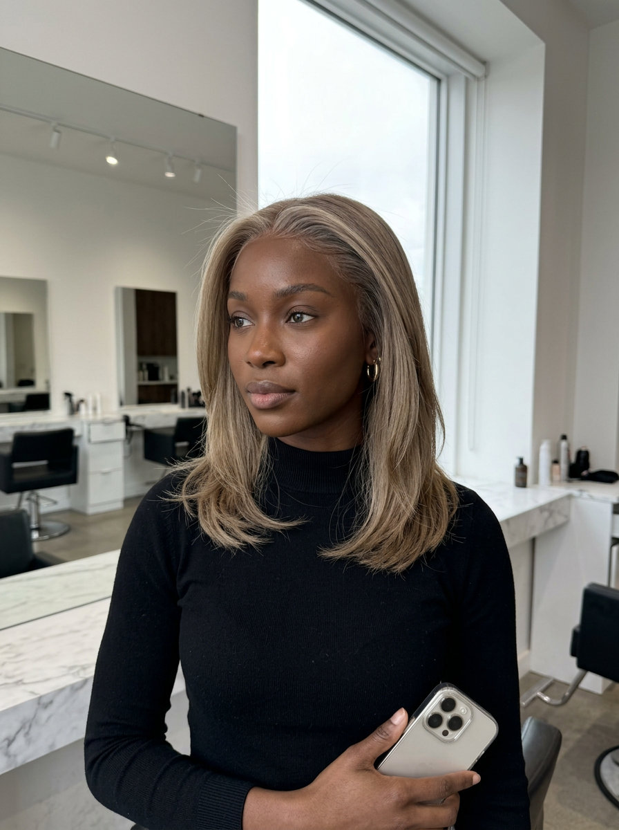 short neutral beige bronde haircolor with ash, Scandi-hairline, no fringe — sleek
