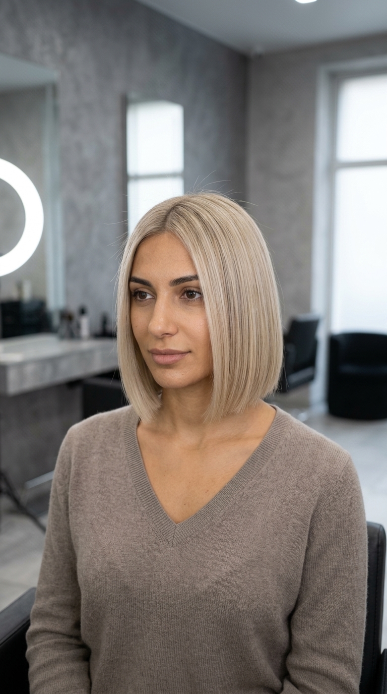 chin-length italian bob haircut with creamy neutral blonde, root smudge, blunt perimeter — chic minimalist style