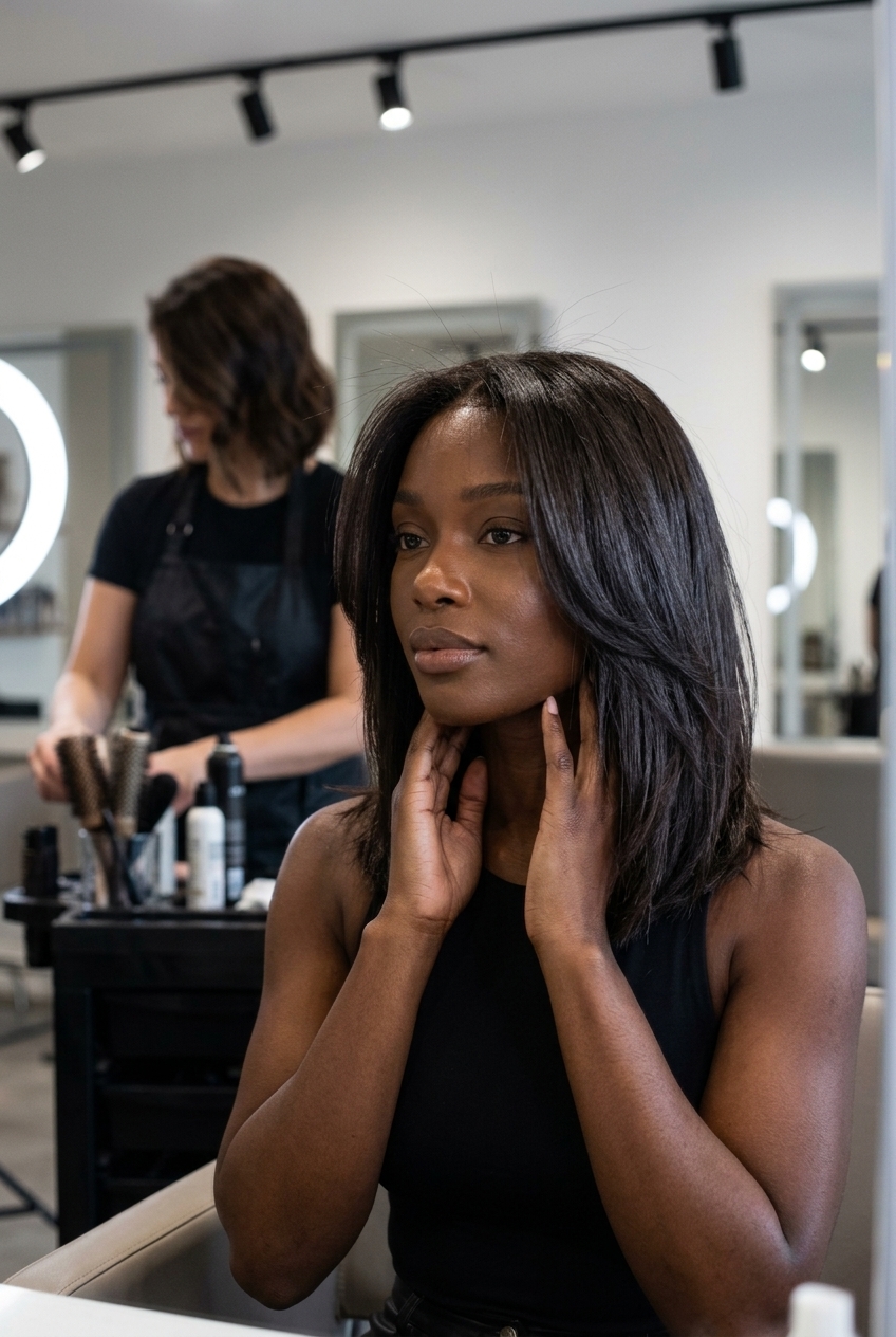 collarbone-length espresso brunette lob with textured layers, A-line shape, and subtle face-framing pieces for a playful look
