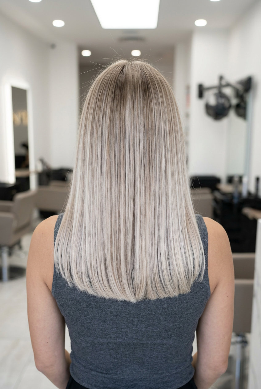 long blunt cut ombre with neutral blonde root to icy champagne platinum, foilayage technique