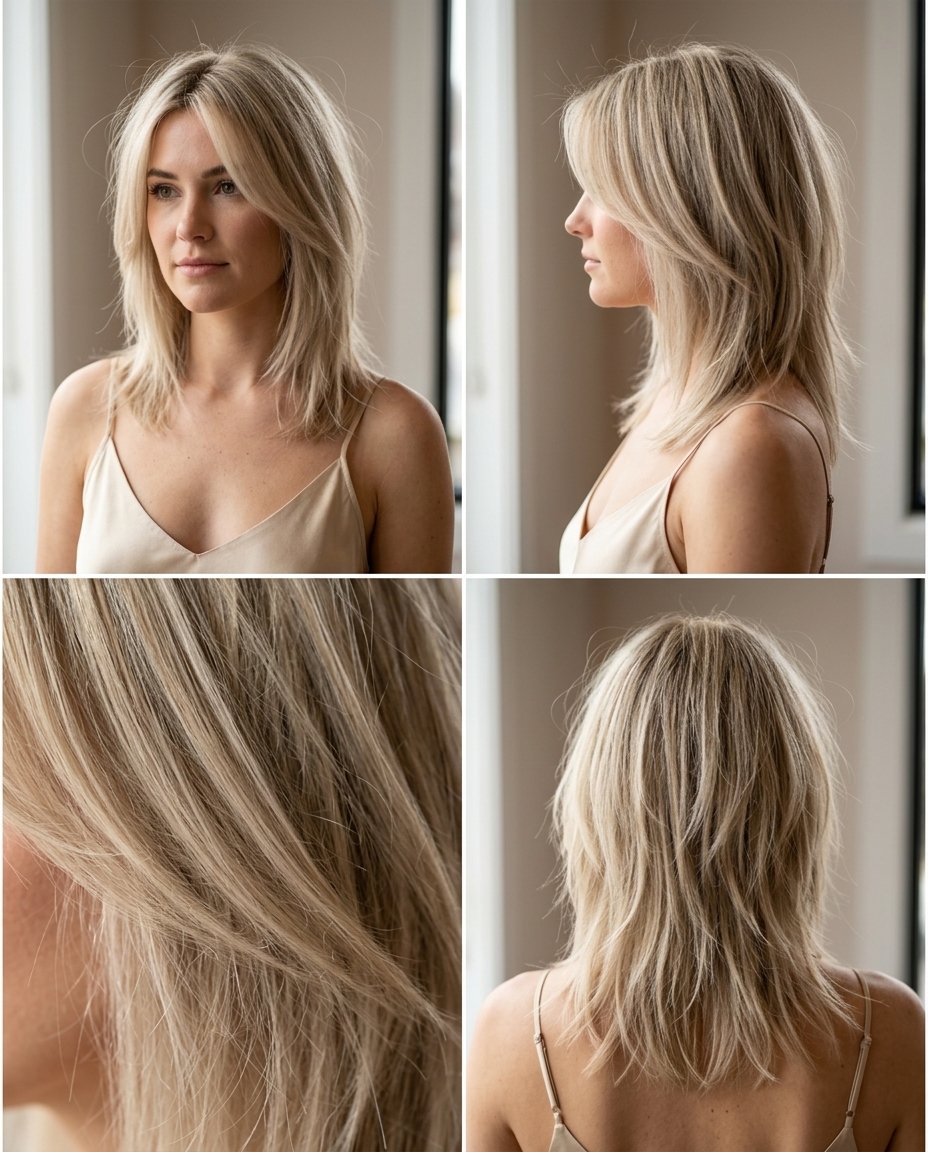 long shag buttery blonde hair with muted oat milk tone, teasylights and root smudge — effortless weekend